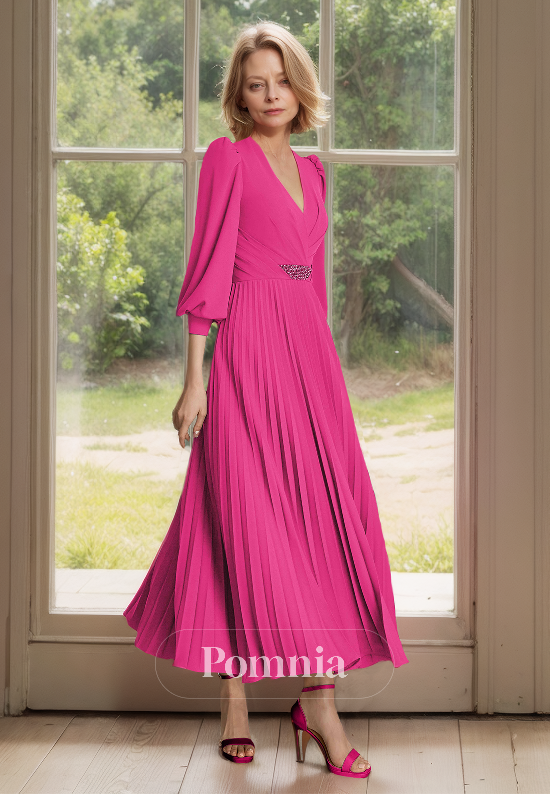 Fuchsia A-Line V-Neck Long Sleeves Empire-Waist Chiffon Mother of the Bride Dress