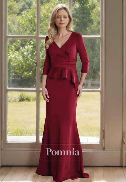 Burgundy Sheath V-Neck 3/4 Sleeves Empire-Waist Mother of the Bride Dress