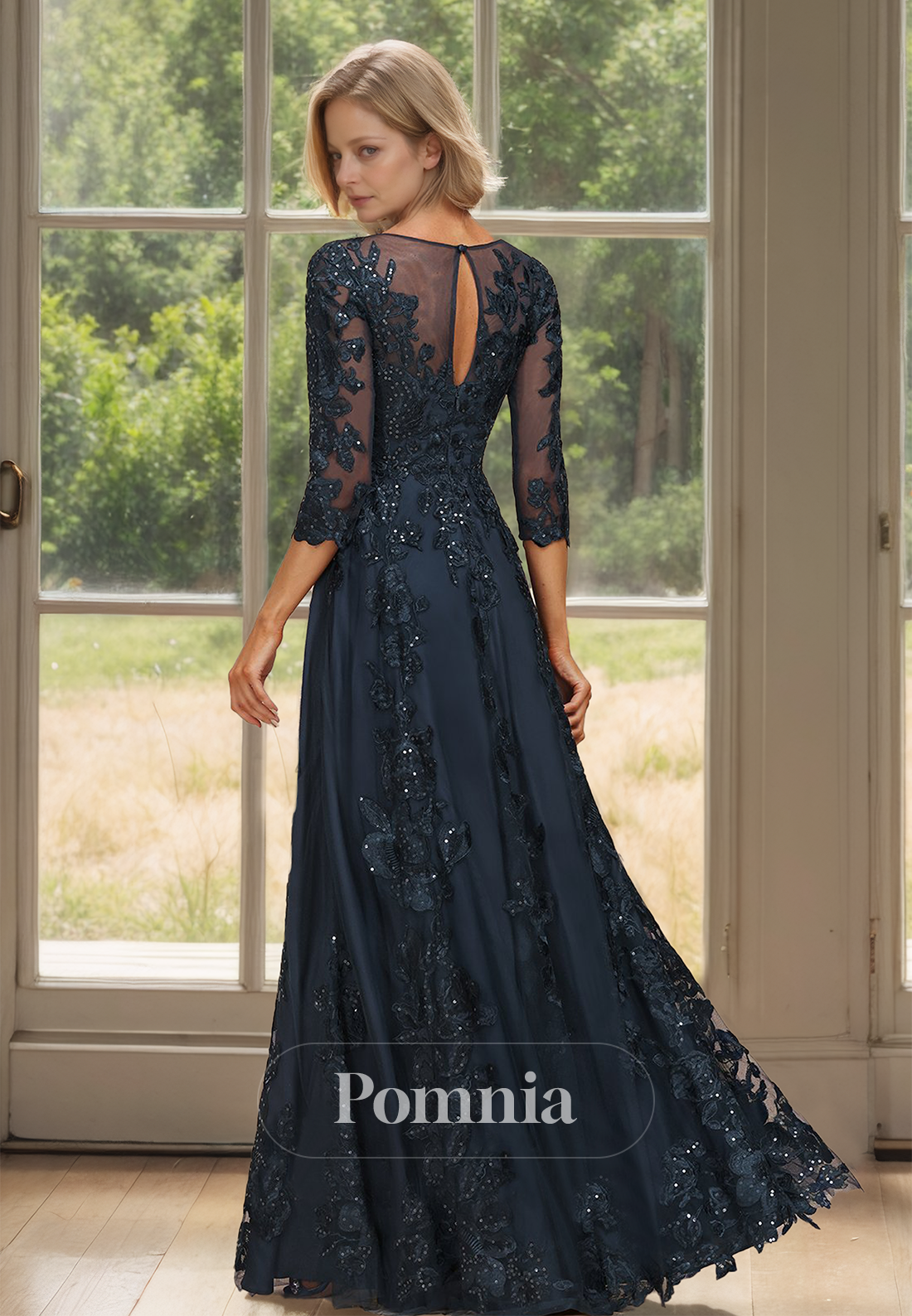 Dark Navy A-Line 3/4 Sleeves Floral Appliques Mother of the Bride Dress