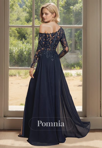 Dark Navy Long Sleeves One Shoulder Lace Corset Mother of the Bride Dress