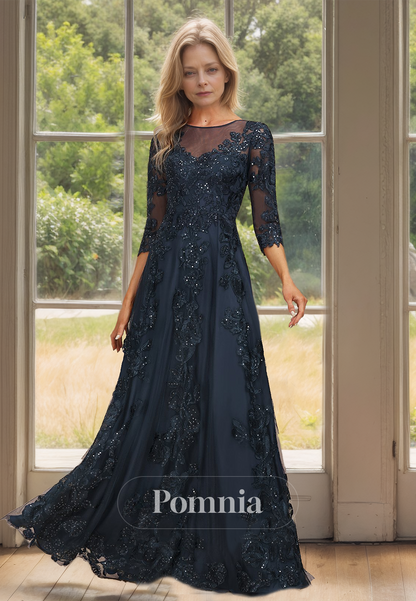 Dark Navy A-Line 3/4 Sleeves Floral Appliques Mother of the Bride Dress