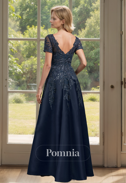 Dark Navy A-Line Short Sleeves V-Neck Corset Tulle Mother of the Bride Dress