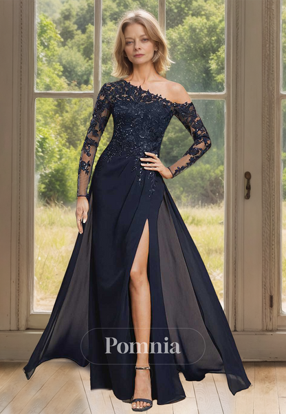 Dark Navy Long Sleeves One Shoulder Lace Corset Mother of the Bride Dress