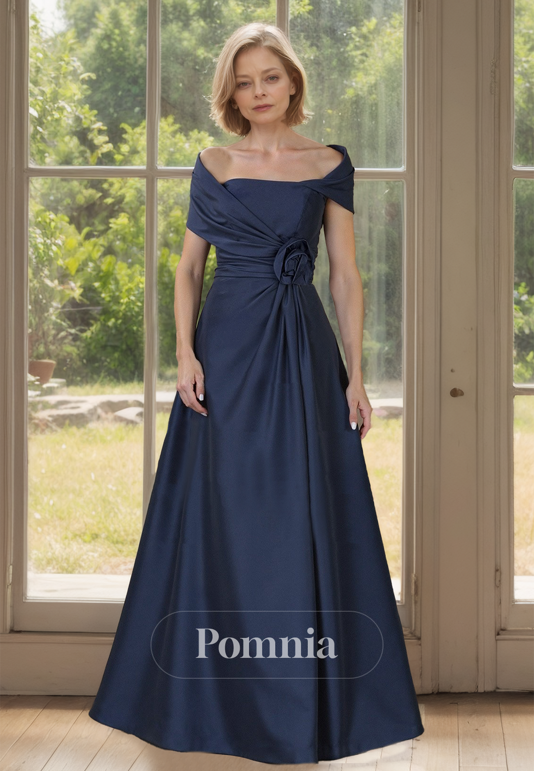 A-Line Cap Sleeves Off-Shoulder Empire-Waist Ruched Mother of the Bride Dress