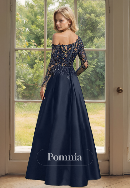 Dark Navy Long Sleevs One Shoulder Empire-Waist Corset Mother of the Bride Dress