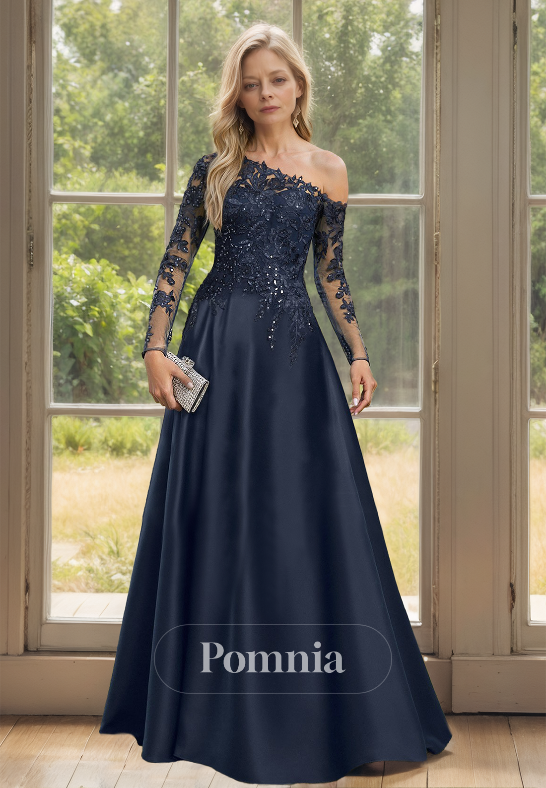 Dark Navy Long Sleevs One Shoulder Empire-Waist Corset Mother of the Bride Dress