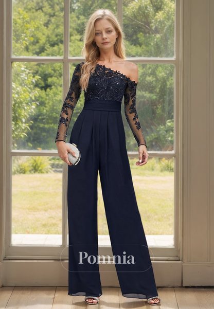 Dark Navy Jumpsuit Long Sleeves One Shoulder Mother of the Bride Dress