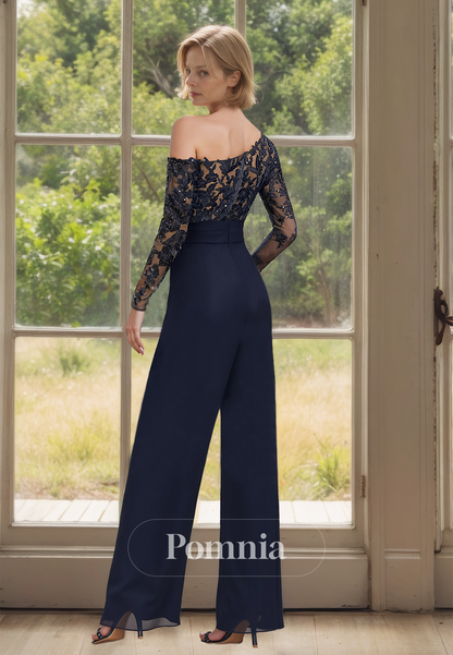 Dark Navy Jumpsuit Long Sleeves One Shoulder Mother of the Bride Dress