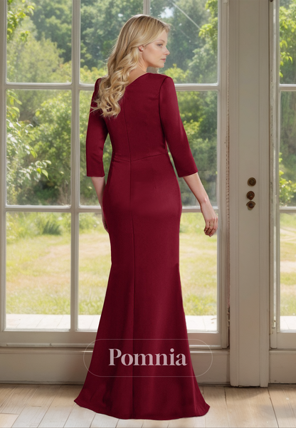 Burgundy Sheath V-Neck 3/4 Sleeves Empire-Waist Mother of the Bride Dress