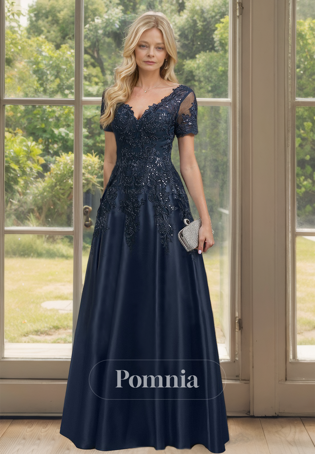 Dark Navy A-Line Short Sleeves V-Neck Corset Tulle Mother of the Bride Dress