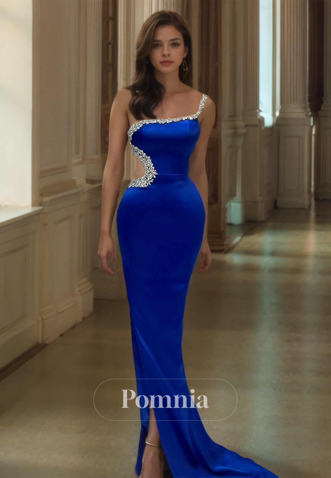 Royal Blue One Shoulder Illusion Corset Prom Dress with Sequins Evening Party Dress