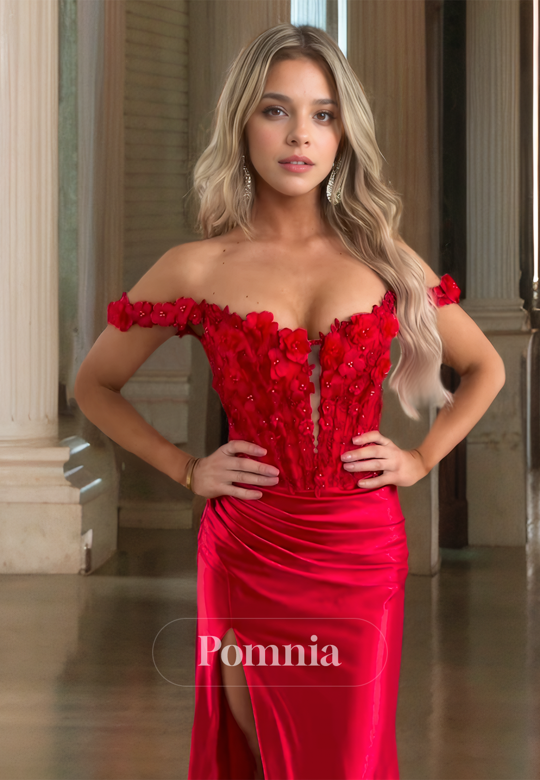 Red Off-Shoulder Sweetheart Prom Dress with Slit Ruched Evening Party Dress