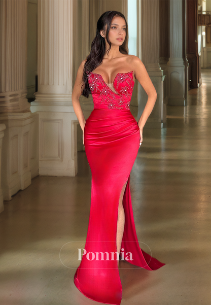 Fuchsia Strapless Sleeveless Prom Dress with Appliques Ruched Evening Party Dress