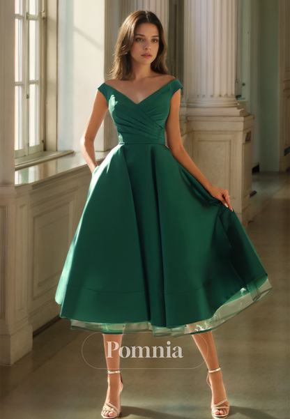 Dark Green Cap Sleeves V-Neck Ruched Knee-Length Prom Party Dress