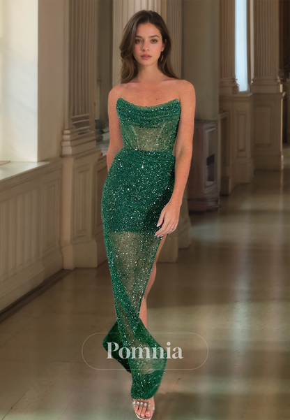 Dark Green Strapless Sleeveless Prom Dress with Corset Tulle Sequins Evening Party Dress