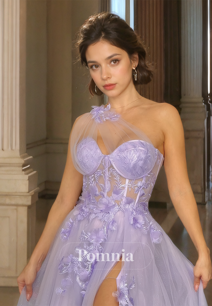 Lavender One Shoulder Prom Dress with Slit Corset Tulle Appliques Evening Party Dress