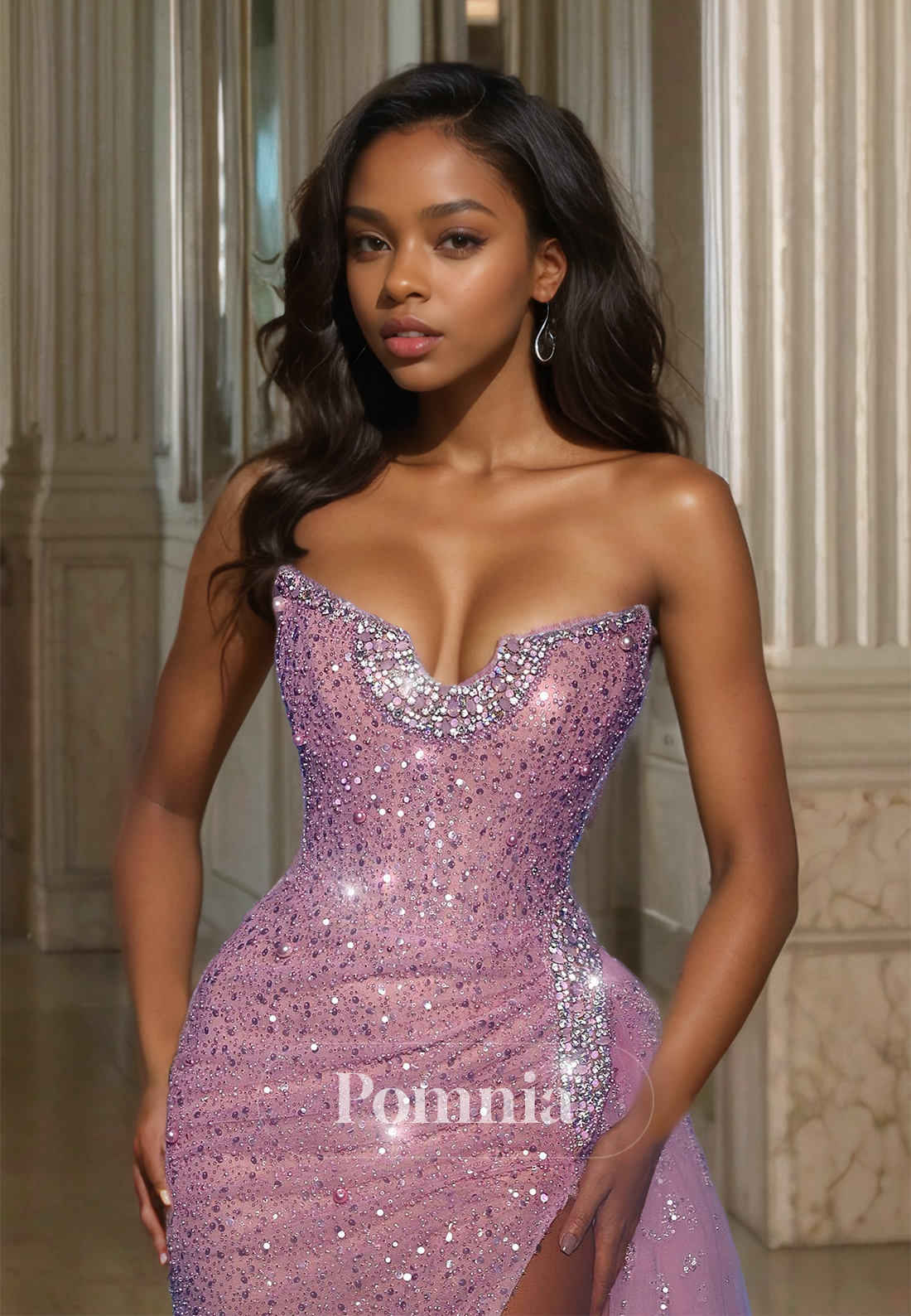 Blushing Pink Strapless Sleeveless Prom Dress with Slit Sequins Evening Party Dress