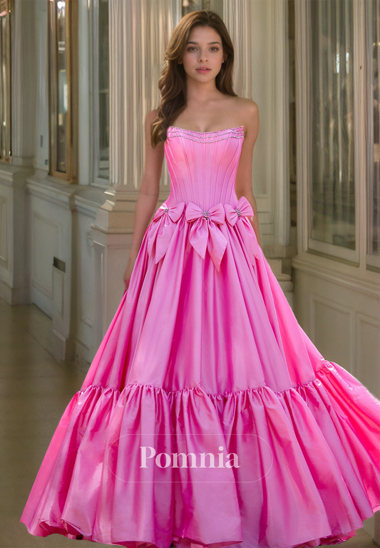 Candy Pink Strapless Sleeveless Prom Dress with Bowknot Ruched Evening Party Dress