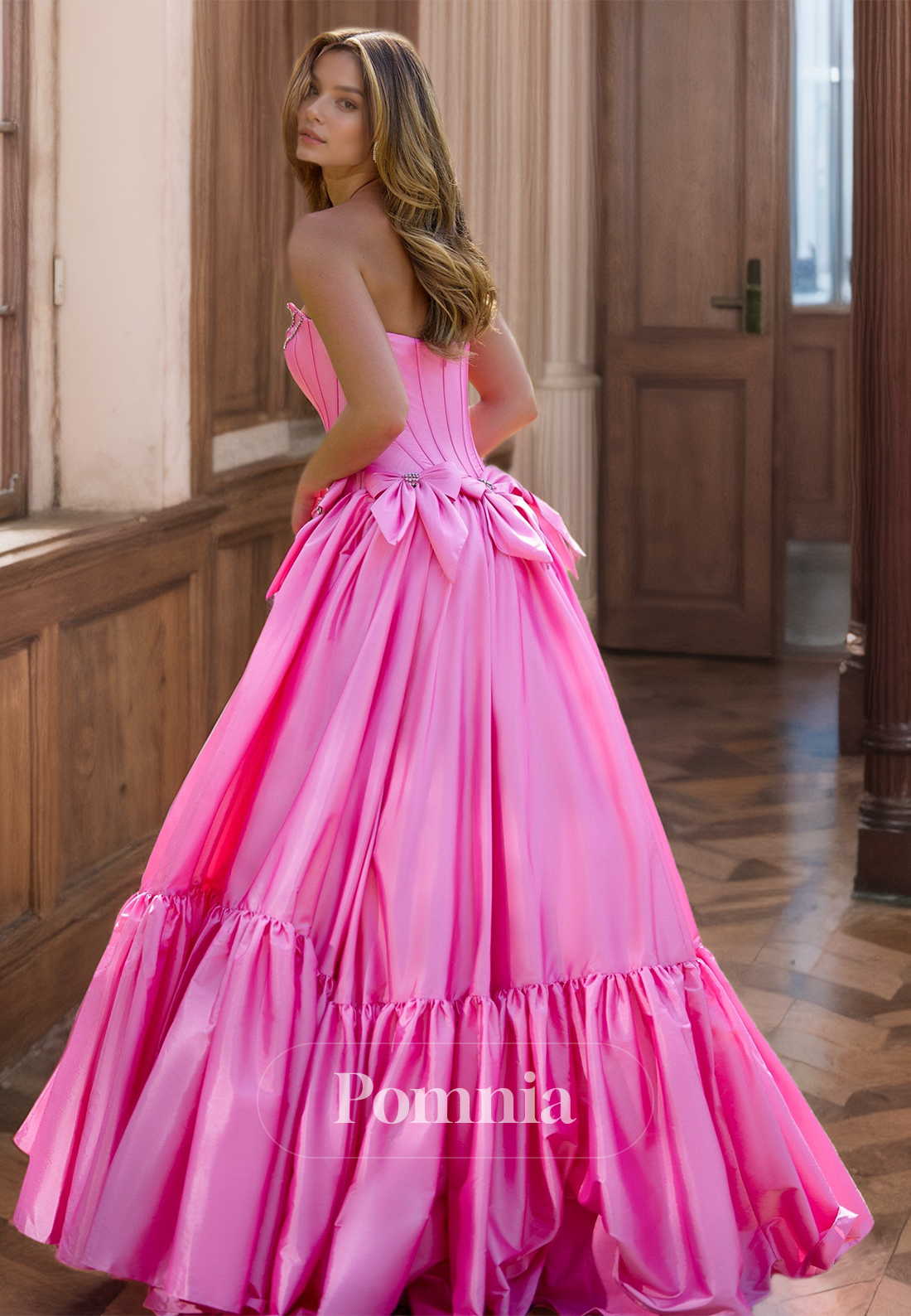 Candy Pink Strapless Sleeveless Prom Dress with Bowknot Ruched Evening Party Dress