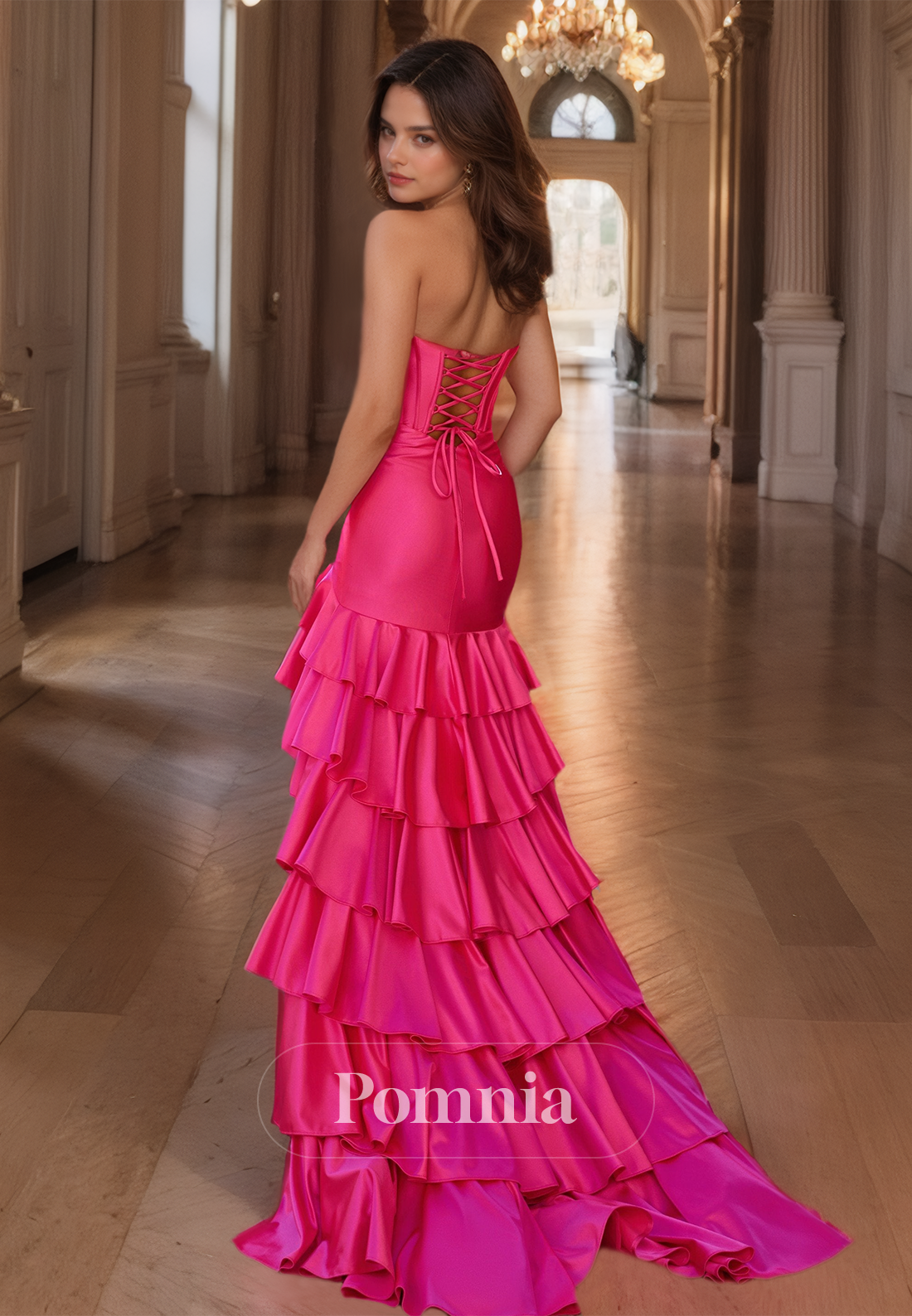 Fuchsia Ruched Strapless Prom Dress with Slit Ruffles Evening Party Dress