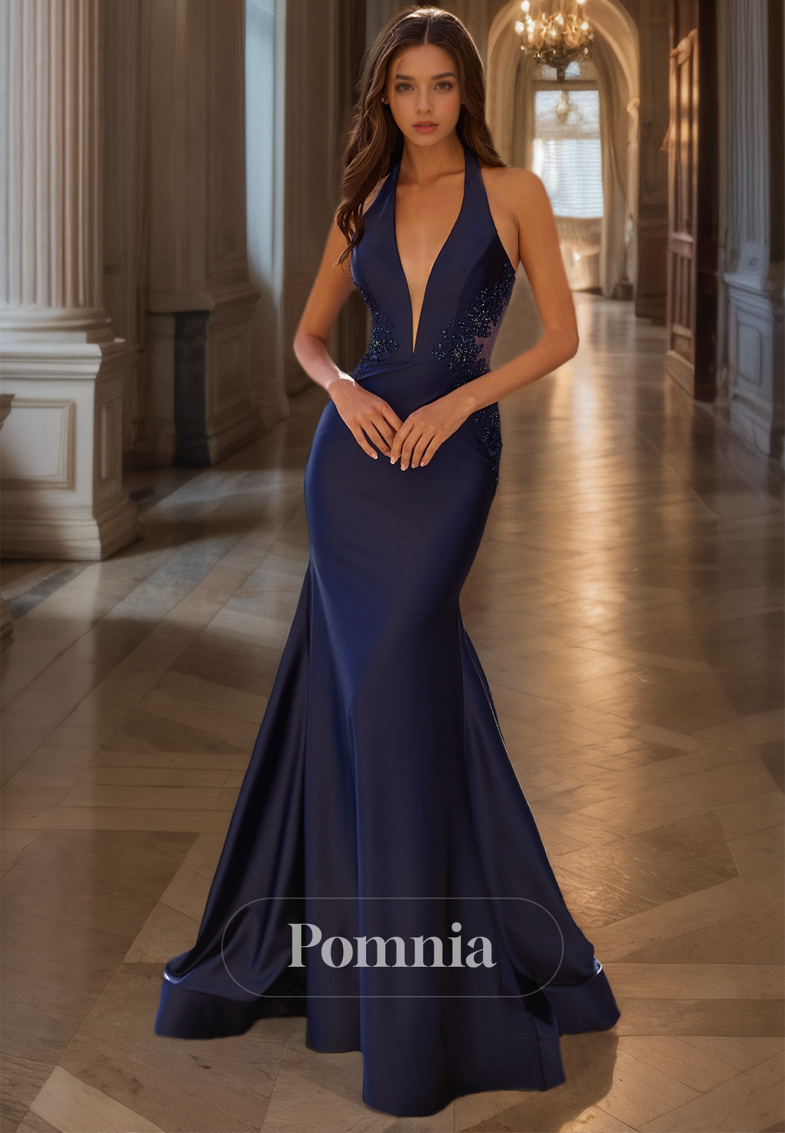 Dark Navy Halter Sleeveless Deep V-Neck Floor-Length Backless Prom Party Dress