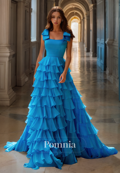 Blue Jay A-Line Spaghetti Straps Square Prom Dress with Ruffles Backless Evening Party Dress