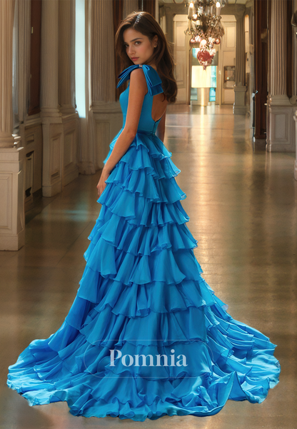 Blue Jay A-Line Spaghetti Straps Square Prom Dress with Ruffles Backless Evening Party Dress