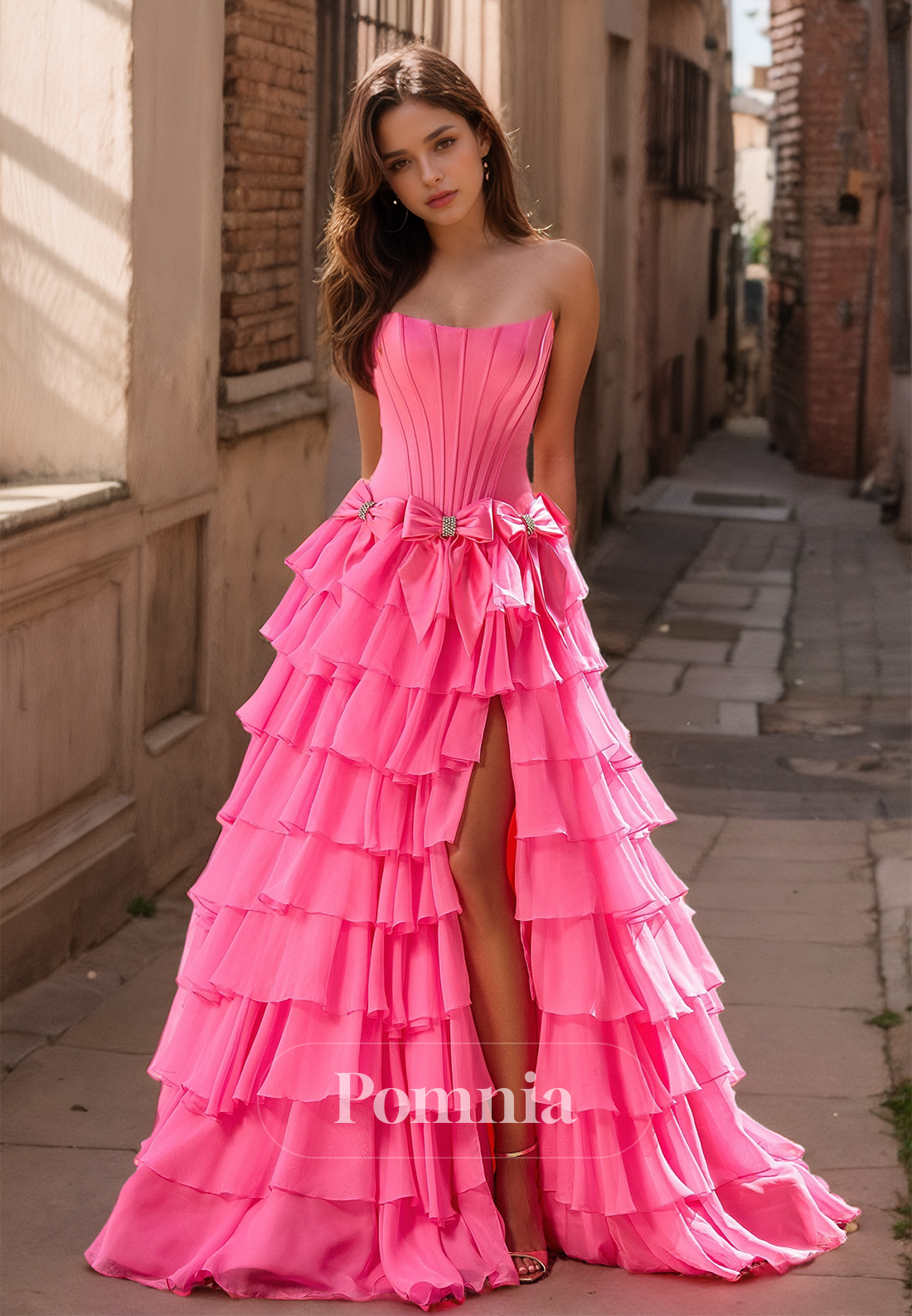 Charming A-Line Strapless Sleeveless Prom Dress with Side Slit Ruffles Evening Party Dress