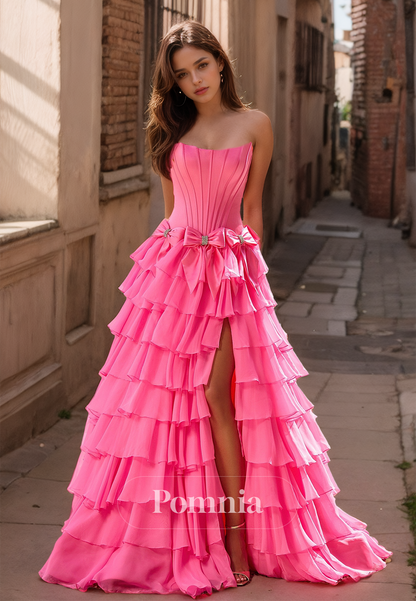 Charming A-Line Strapless Sleeveless Prom Dress with Side Slit Ruffles Evening Party Dress