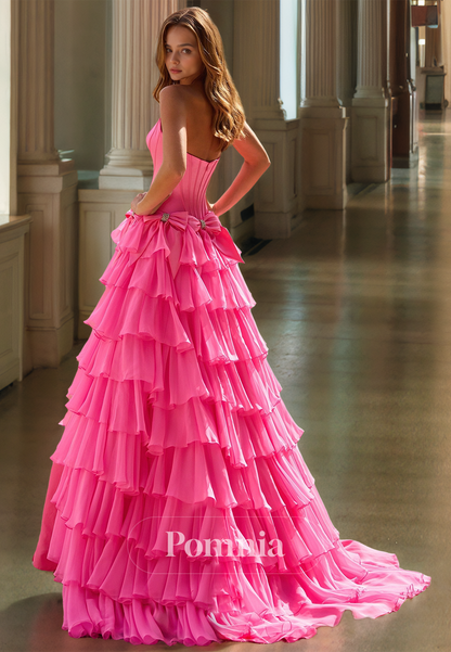 Charming A-Line Strapless Sleeveless Prom Dress with Side Slit Ruffles Evening Party Dress