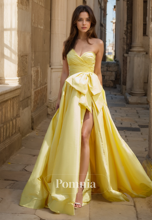 Daffodil Strapless Sleeveless Prom Dress with Slit Bowknot Ruched Evening Party Dress