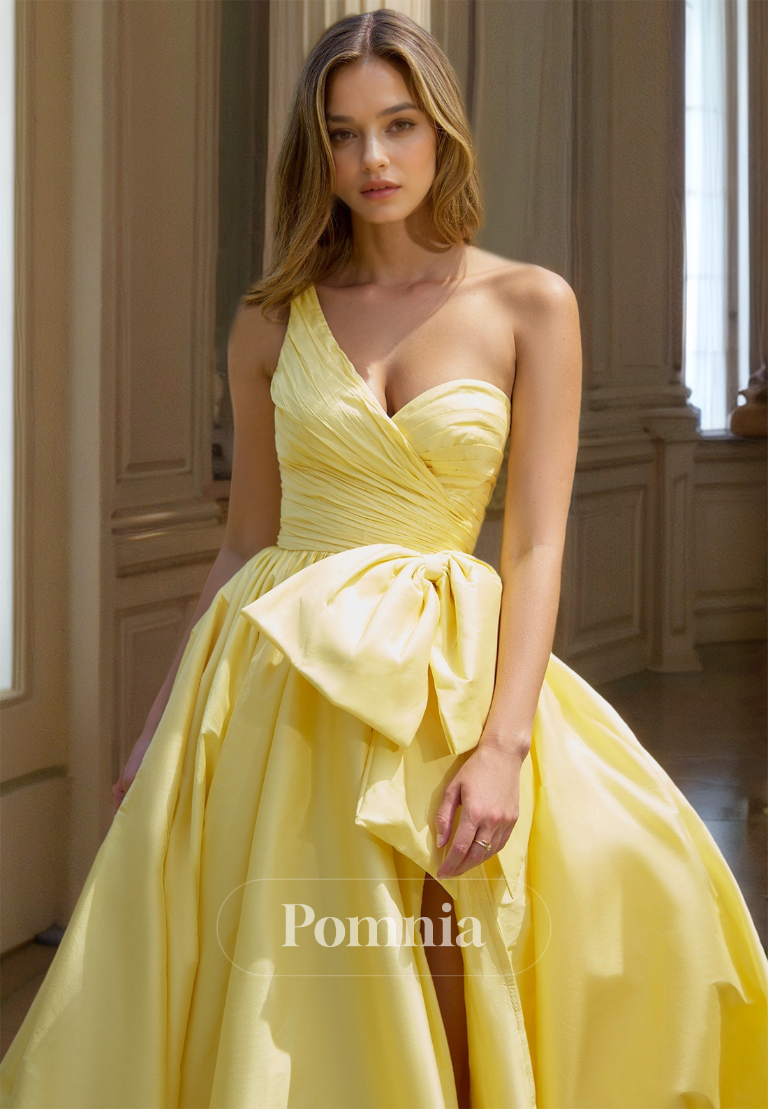 Daffodil Strapless Sleeveless Prom Dress with Slit Bowknot Ruched Evening Party Dress