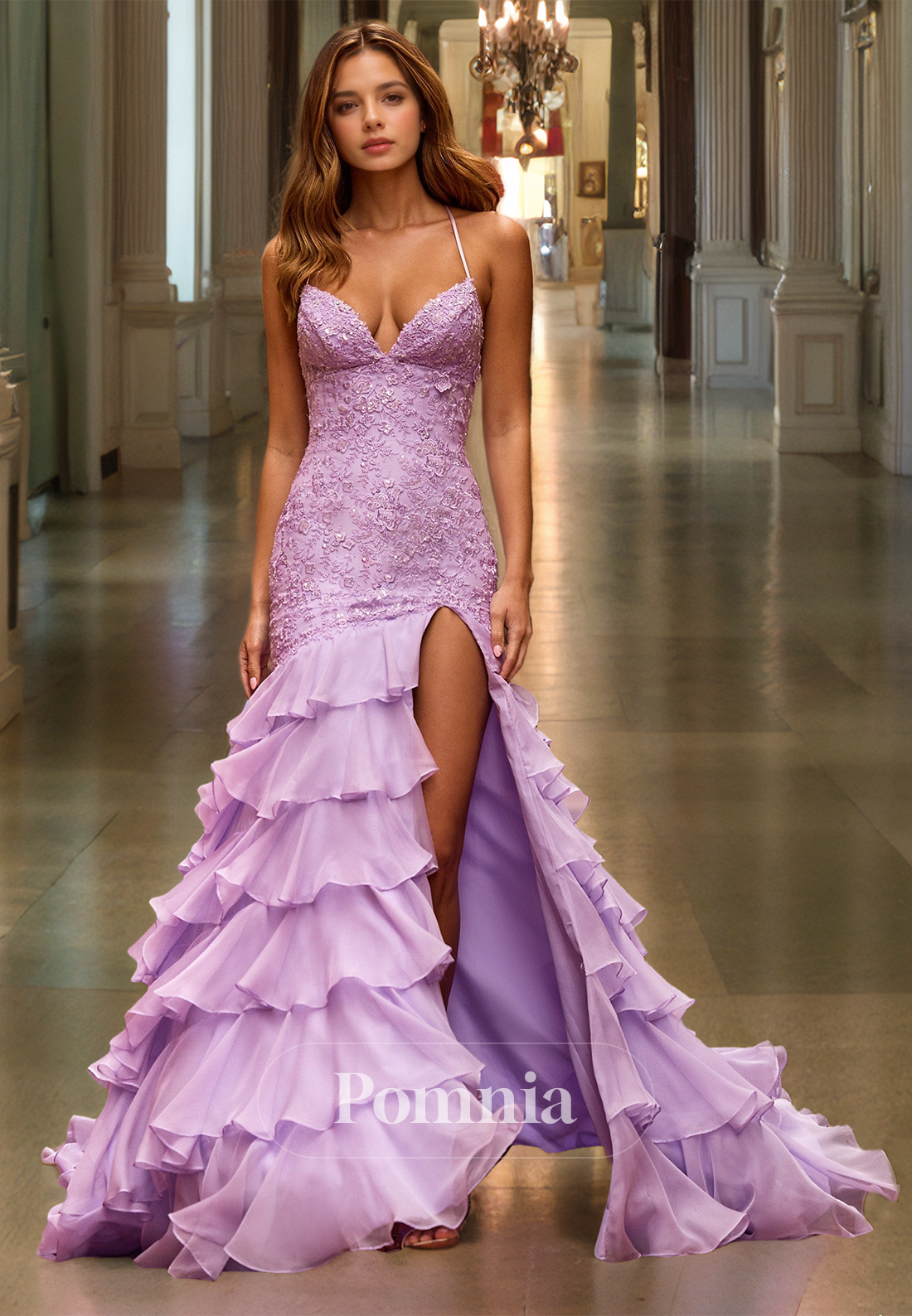 Lilac Spaghetti Straps V-Neck Prom Dress with Slit Ruffles Evening Party Dress