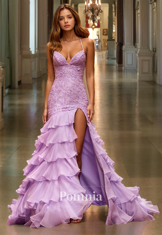 Lilac Spaghetti Straps V-Neck Prom Dress with Slit Ruffles Evening Party Dress