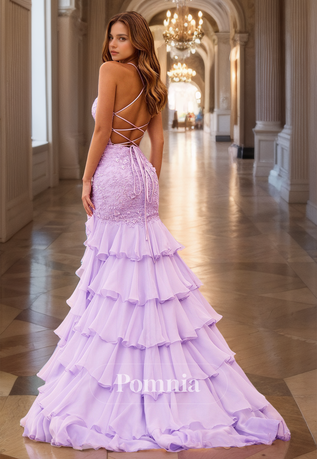 Lilac Spaghetti Straps V-Neck Prom Dress with Slit Ruffles Evening Party Dress