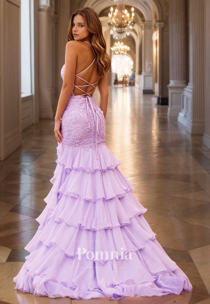 Lilac Spaghetti Straps V-Neck Prom Dress with Slit Ruffles Evening Party Dress