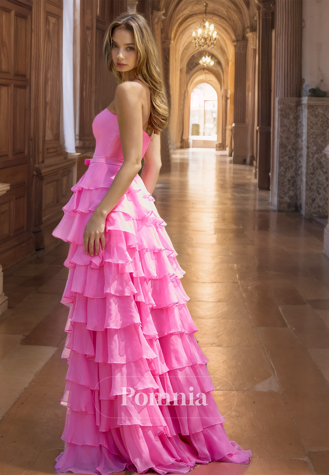 Candy Pink A-Line Strapless Sleeveless Prom Dress with Ruffles Empire-Waist Evening Party Dress