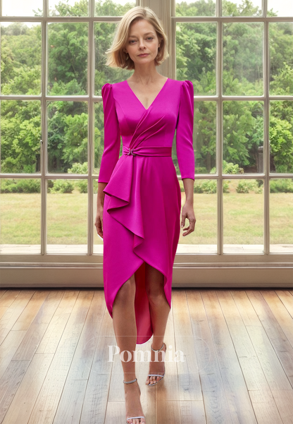 Simple A-Line V-Neck 3/4 Sleeves High Low Ruched Mother of the Bride Dress