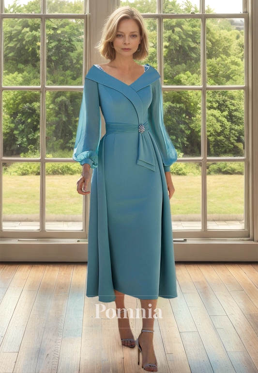 Elegant V-Neck Long Sleeves Empire-Waist Ankle-Length Mother of the Bride Dress