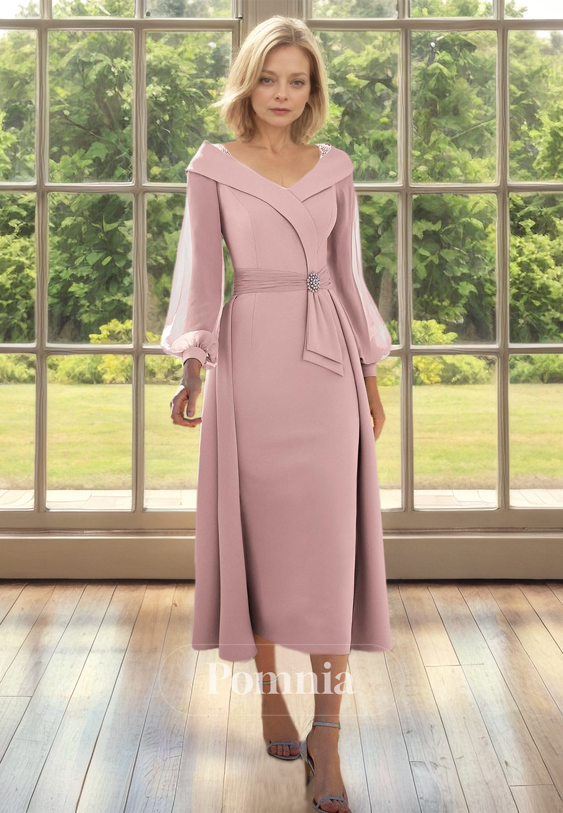 Elegant V-Neck Long Sleeves Empire-Waist Ankle-Length Mother of the Bride Dress