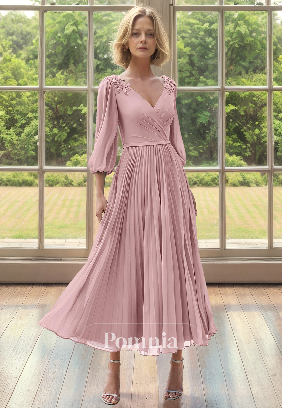 Simple A-Line 3/4 Sleeves Empire-Waist Ankle-Length Mother of the Bride Dress