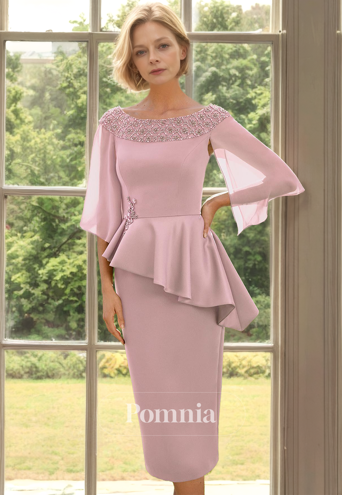 Charming Cap Sleeves Scoop Ruched Knee-Length Mother of the Bride Dress