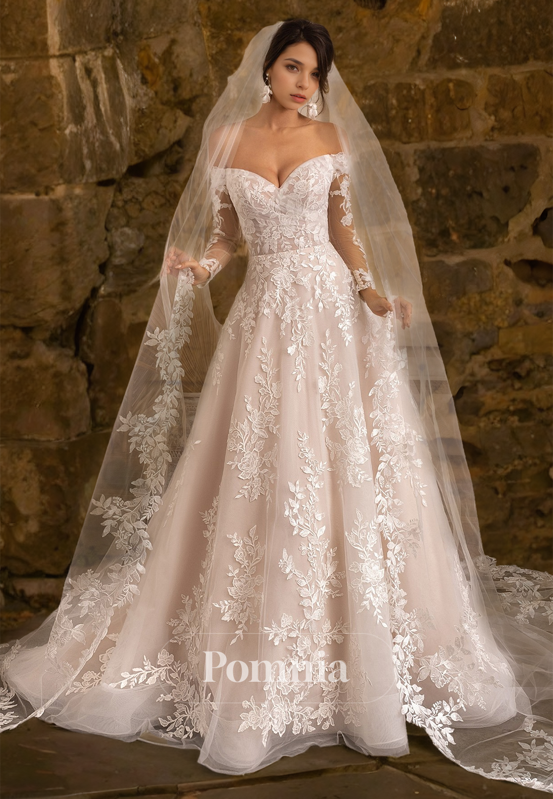 Elegant Off-Shoulder Long Sleeves Floral Appliques Lace Romantic Wedding Dress