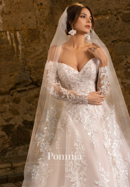 Elegant Off-Shoulder Long Sleeves Floral Appliques Lace Romantic Wedding Dress