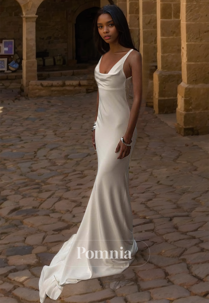 Simple Sheath Spaghetti Straps Scoop Ruched Floor-Length Satin Wedding Dress