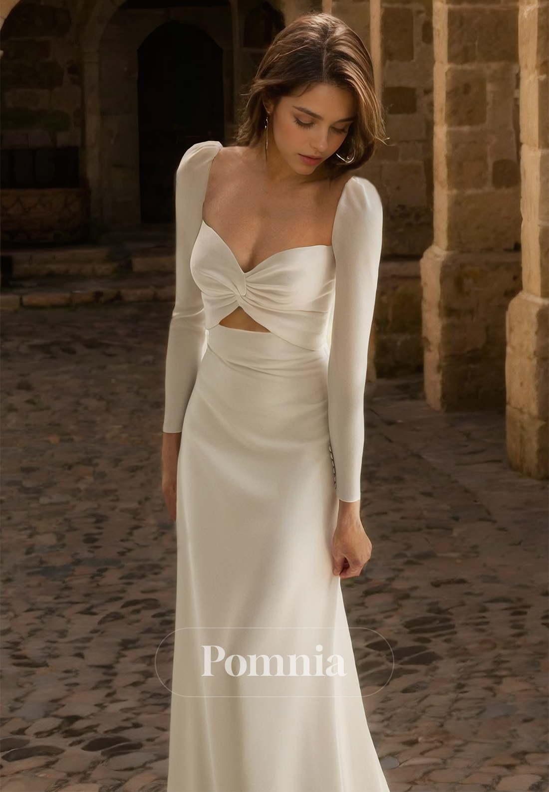 Elegant Long Sleeves Sweetheart Empire-Waist Sweep Train Satin Wedding Dress