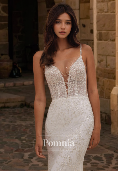 Spaghetti Straps V-Neck Empire-Waist Backless Sequins Romantic Wedding Dress