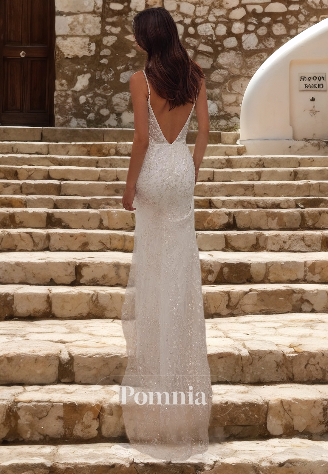 Spaghetti Straps V-Neck Empire-Waist Backless Sequins Romantic Wedding Dress