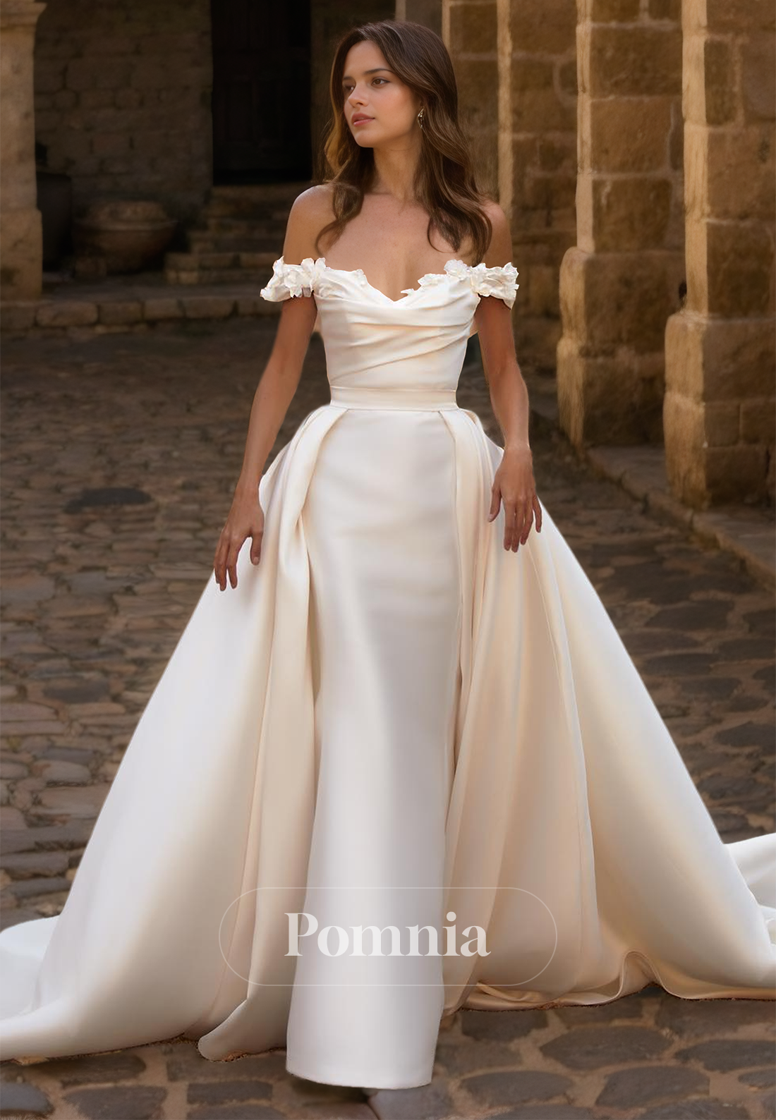 Sheath Off-Shoulder Cap Sleeves Ruched Floor-Length Satin Wedding Dress