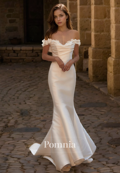 Sheath Off-Shoulder Cap Sleeves Ruched Floor-Length Satin Wedding Dress